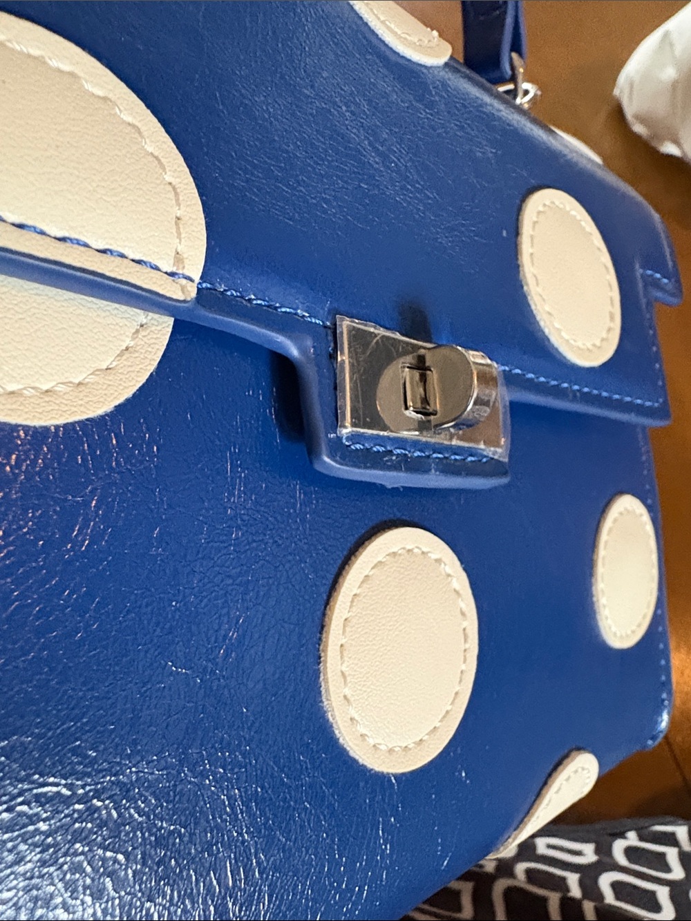 Melie Bianco Anthropologie Navy Blue Mini Top-Handle Bag with Cream Polka Dots - Picture 10 of 10